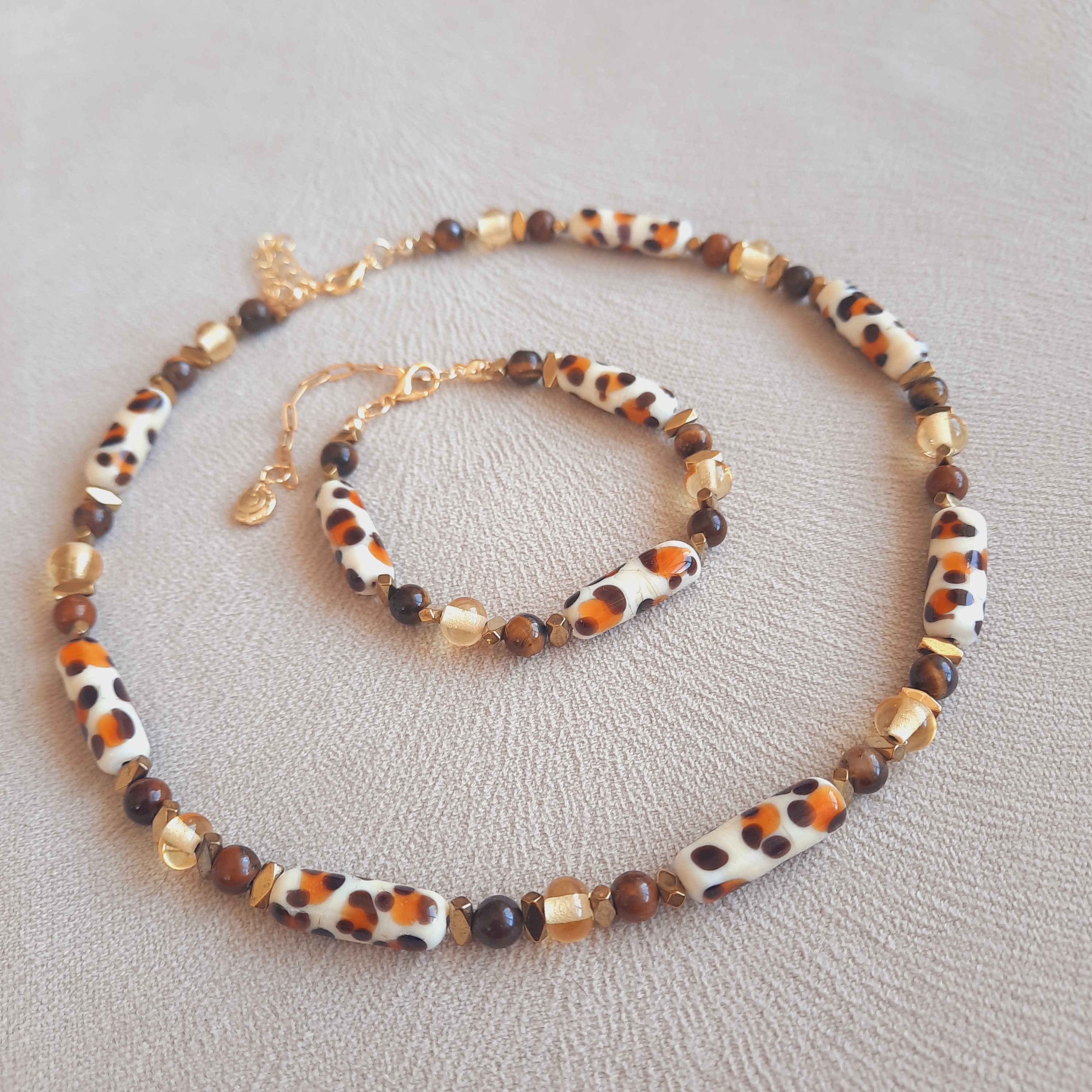 Murano Leopar Kaplan Gözü Doğal Taş Kolye Bileklik Seti