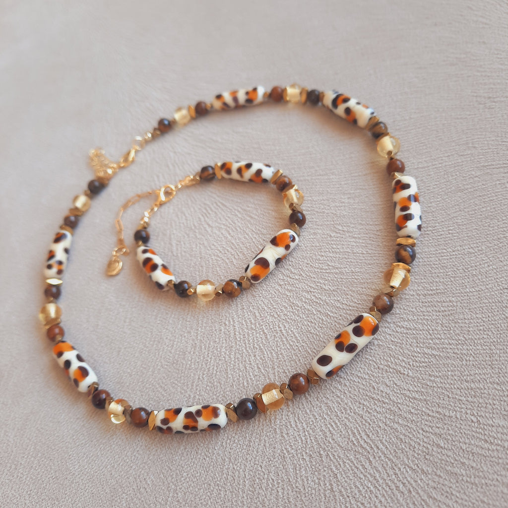 Murano Leopar Kaplan Gözü Doğal Taş Kolye Bileklik Seti