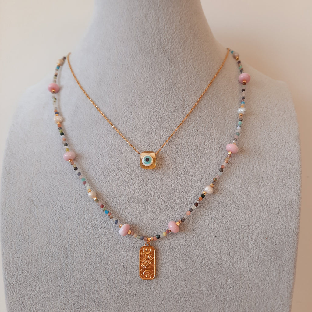 Minimal Akik İle Nazarlı Cam Sanatı Kombin Kolye