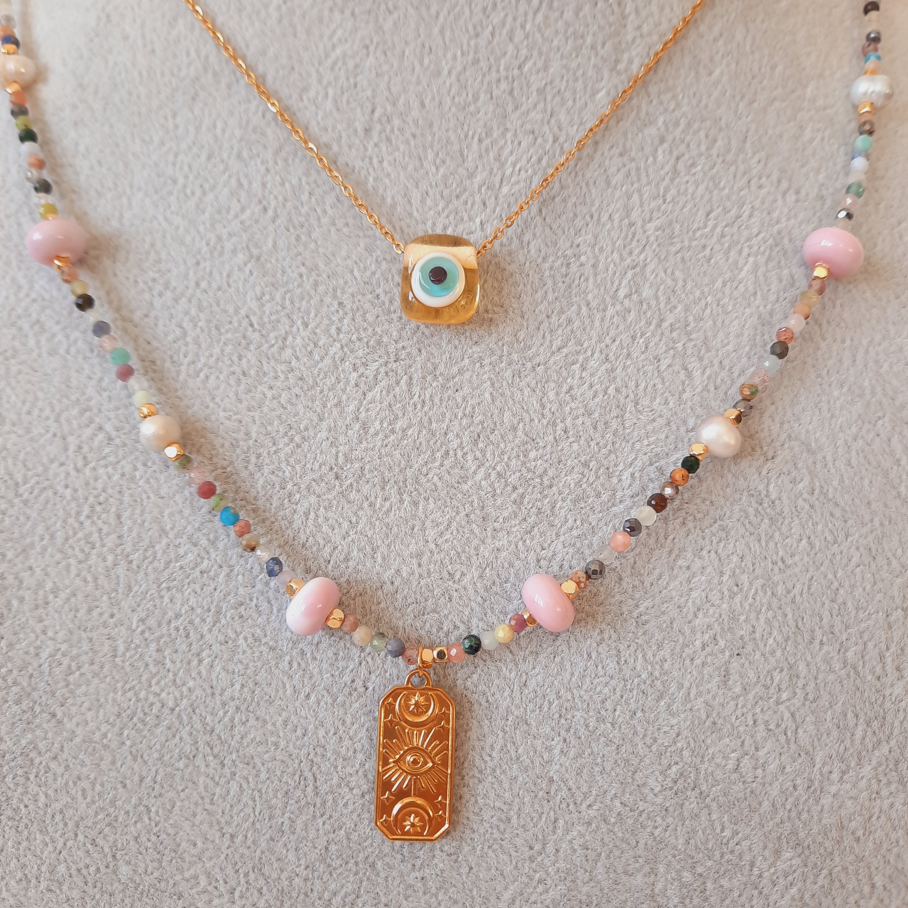 Minimal Akik İle Nazarlı Cam Sanatı Kombin Kolye