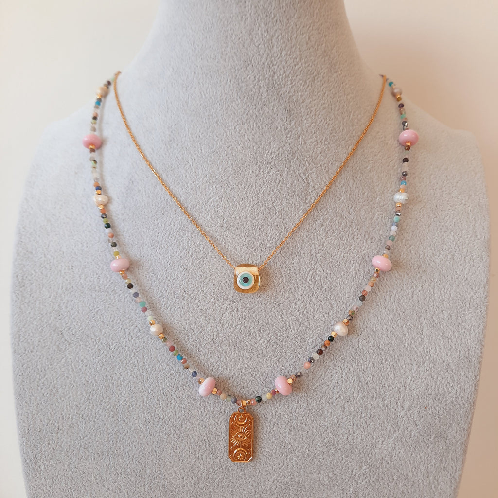 Minimal Akik İle Nazarlı Cam Sanatı Kombin Kolye