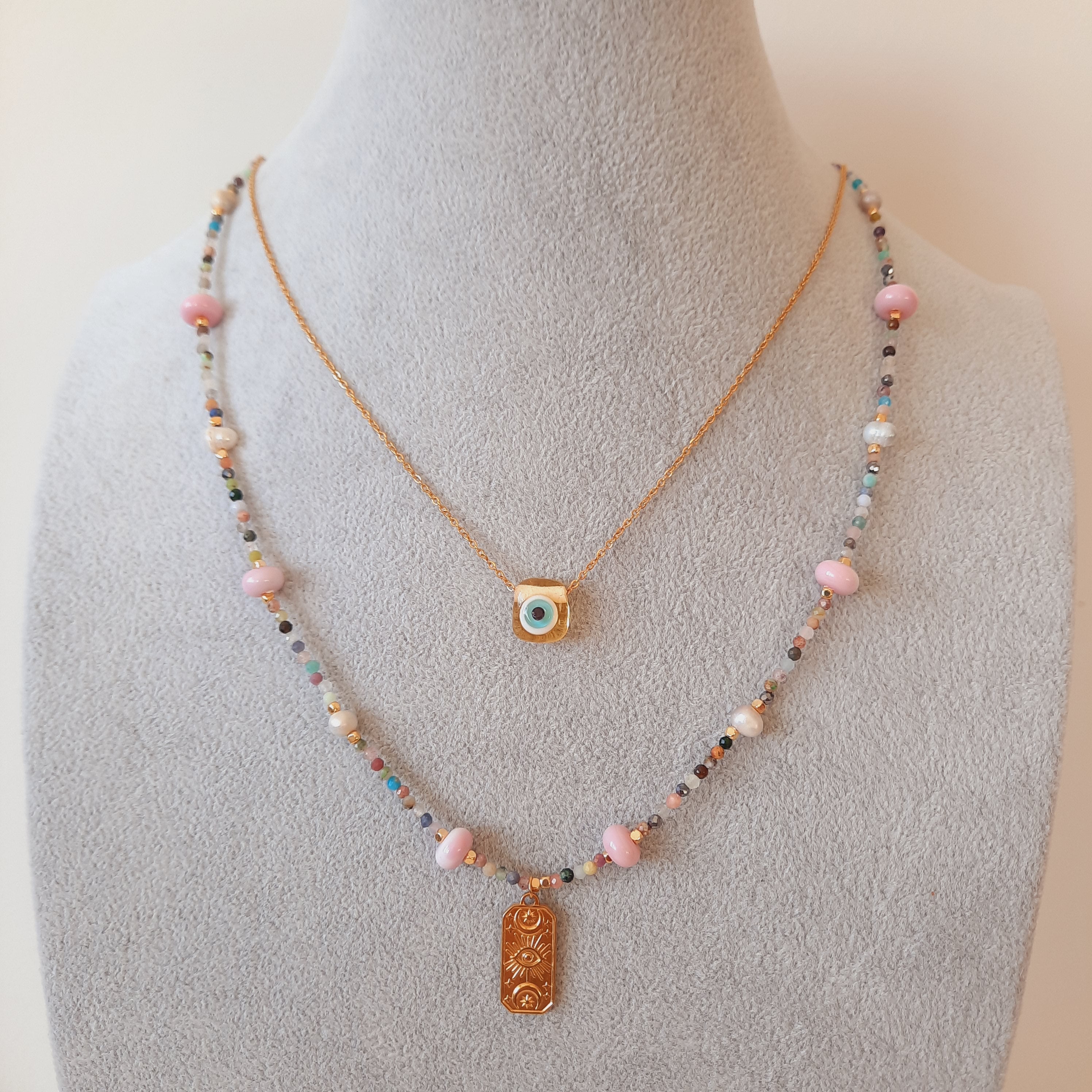 Minimal Akik İle Nazarlı Cam Sanatı Kombin Kolye