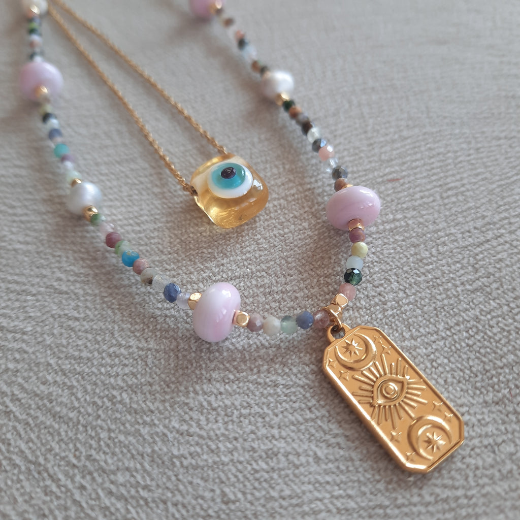 Minimal Akik İle Nazarlı Cam Sanatı Kombin Kolye