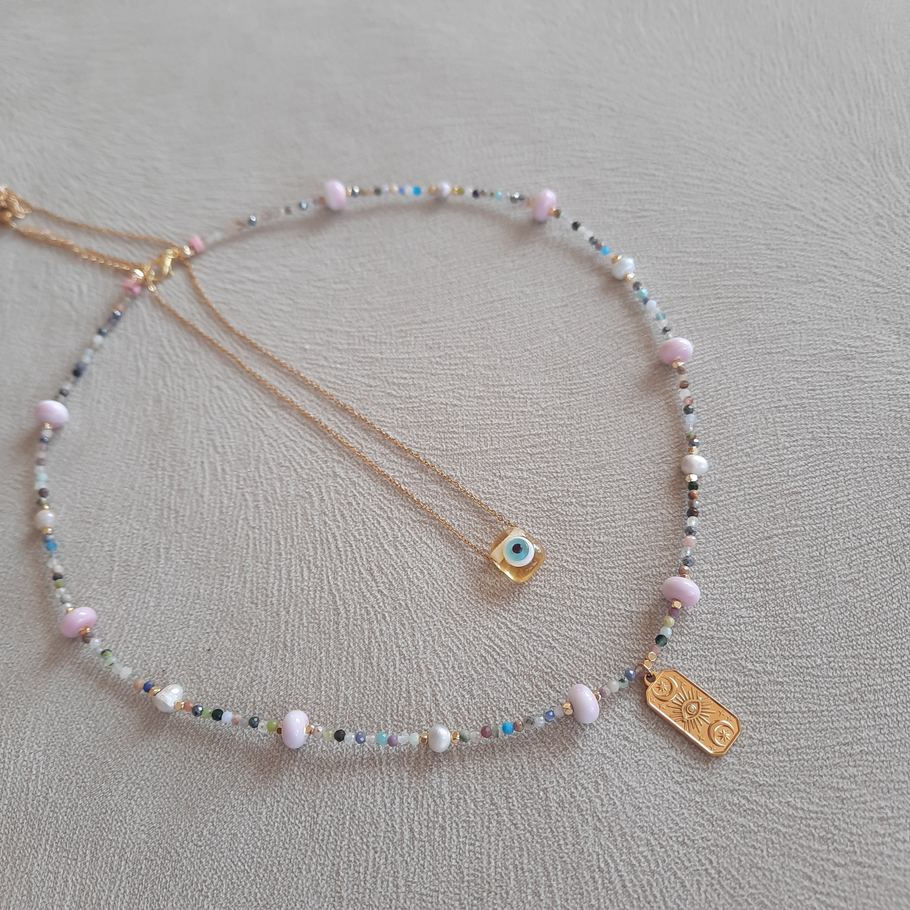 Minimal Akik İle Nazarlı Cam Sanatı Kombin Kolye