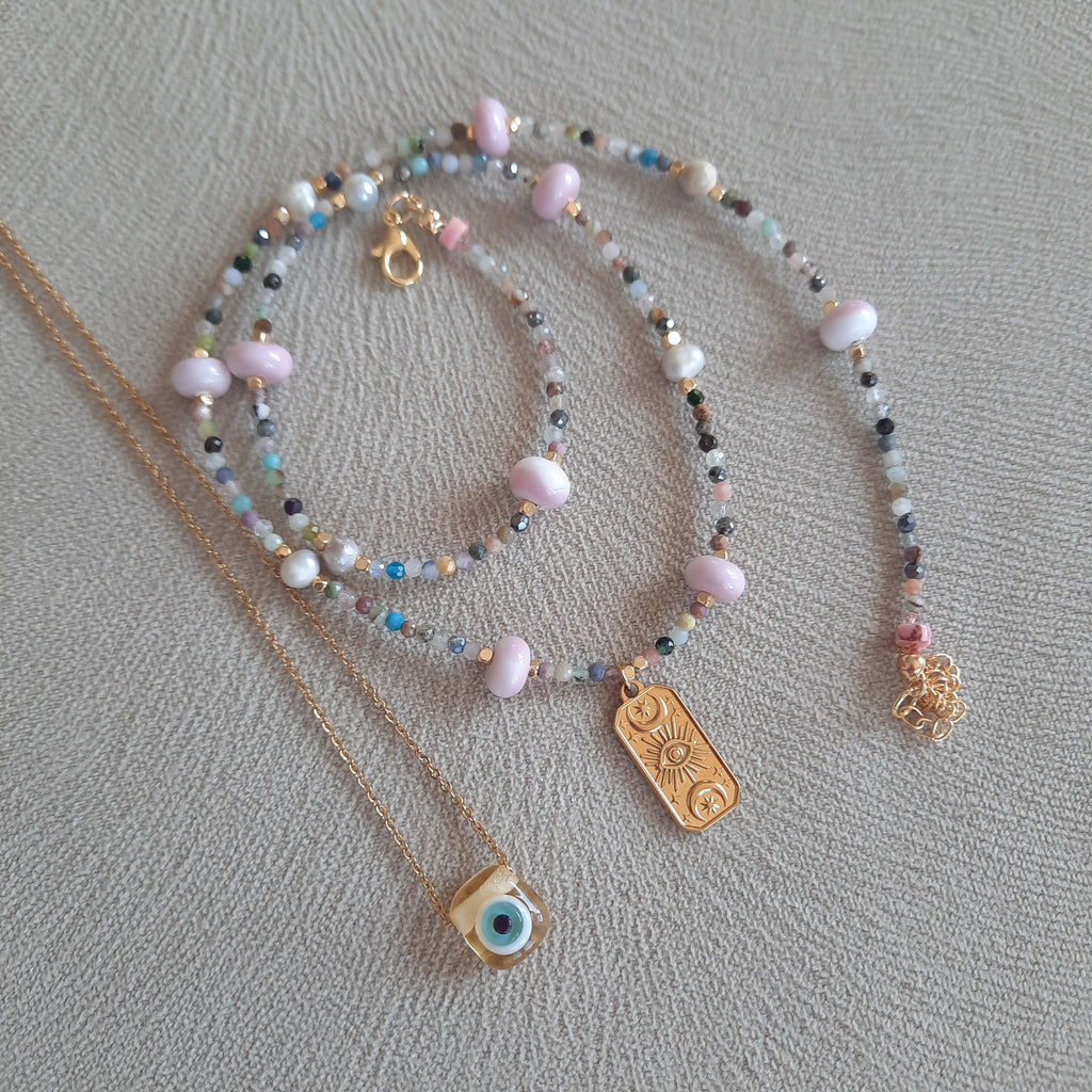 Minimal Akik İle Nazarlı Cam Sanatı Kombin Kolye