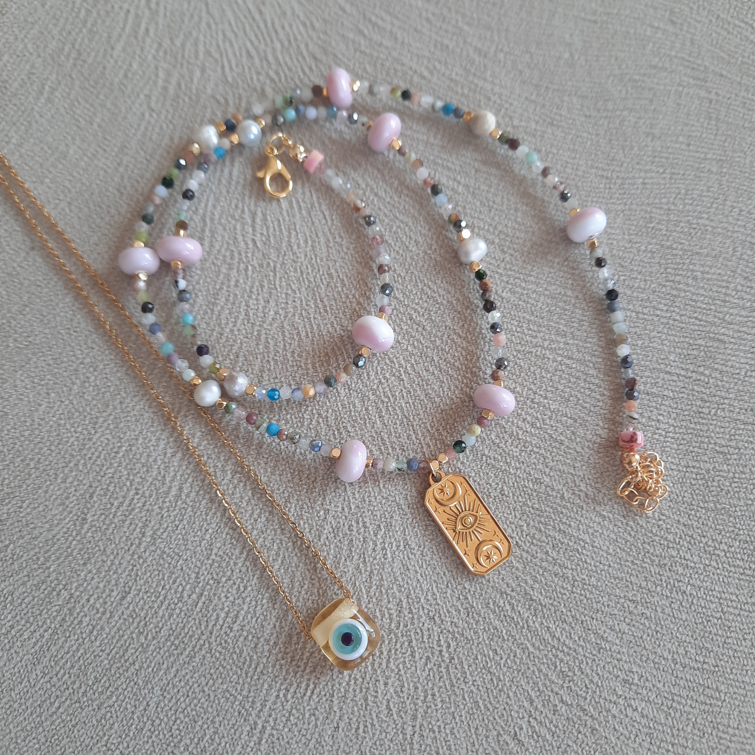 Minimal Akik İle Nazarlı Cam Sanatı Kombin Kolye