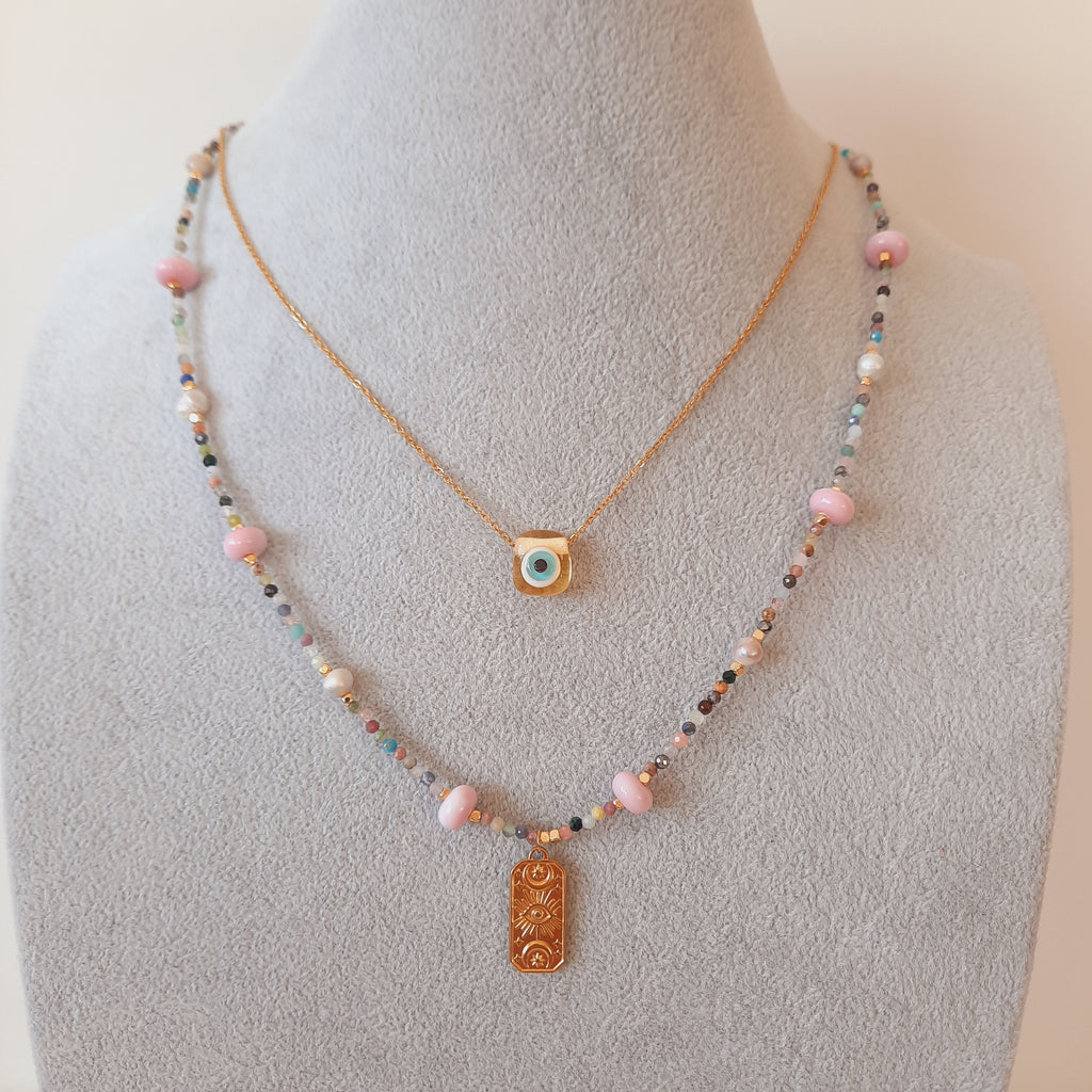 Minimal Akik İle Nazarlı Cam Sanatı Kombin Kolye