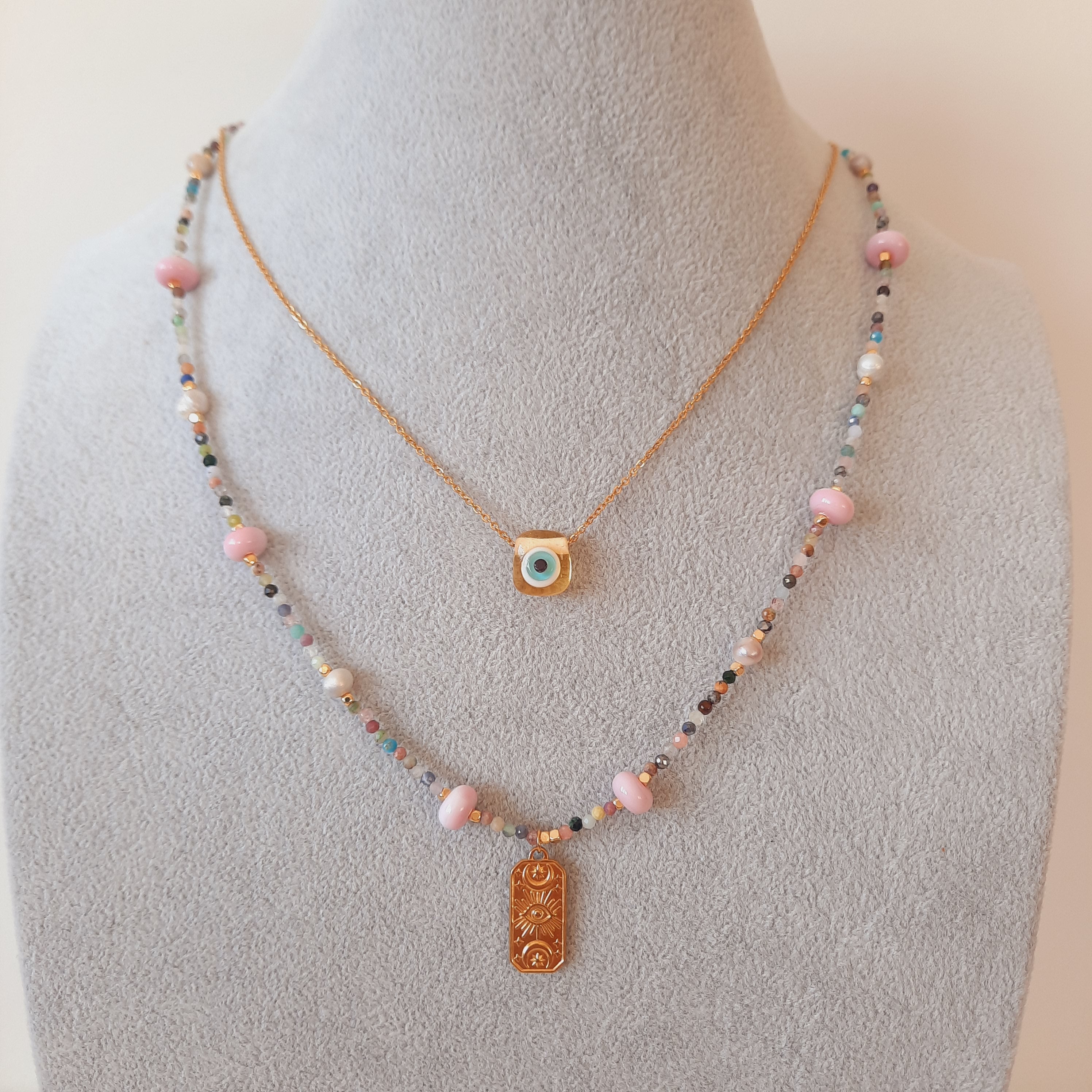 Minimal Akik İle Nazarlı Cam Sanatı Kombin Kolye