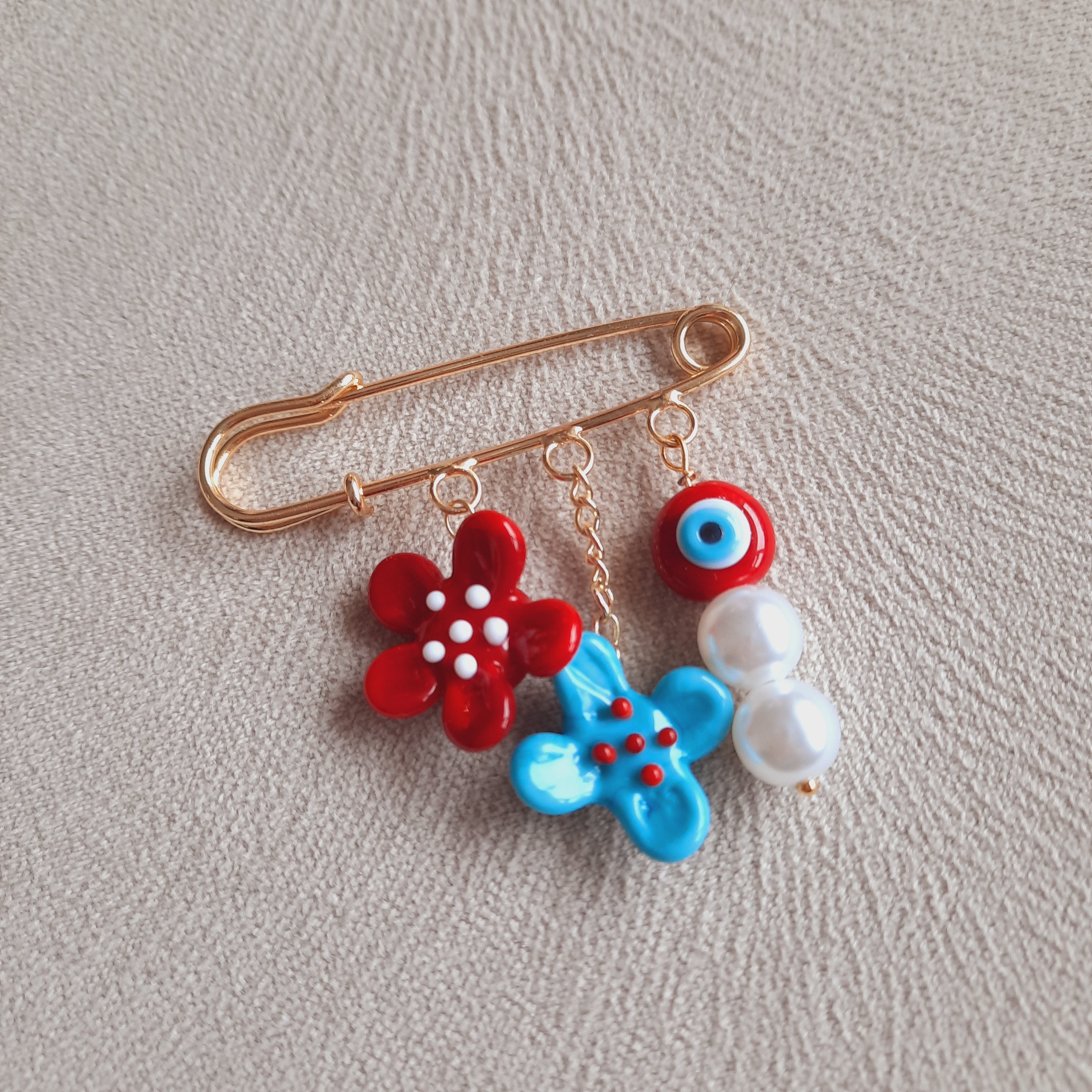 Çiçekli Nazarlı İncili Murano Broş İskoç İğnesi