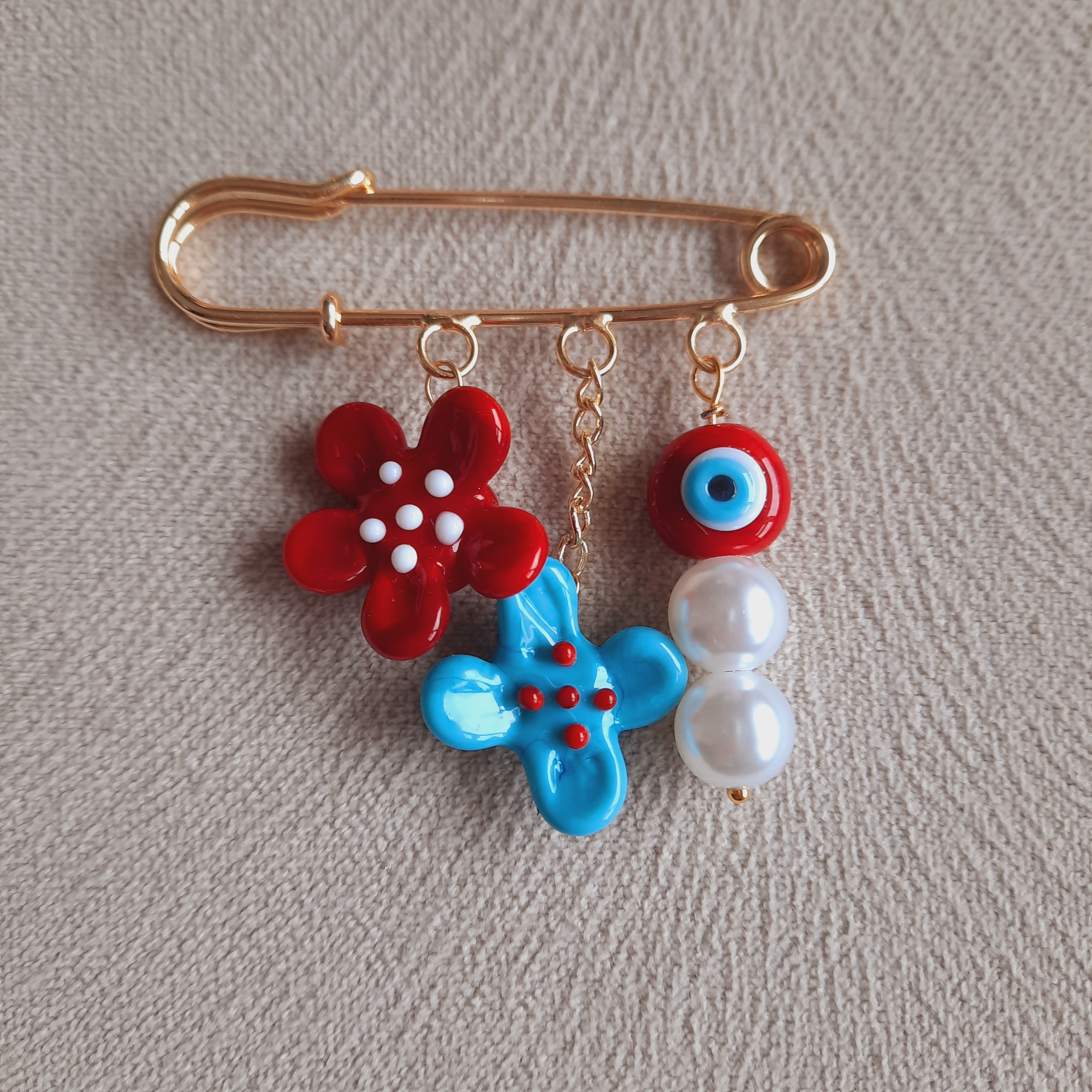 Çiçekli Nazarlı İncili Murano Broş İskoç İğnesi