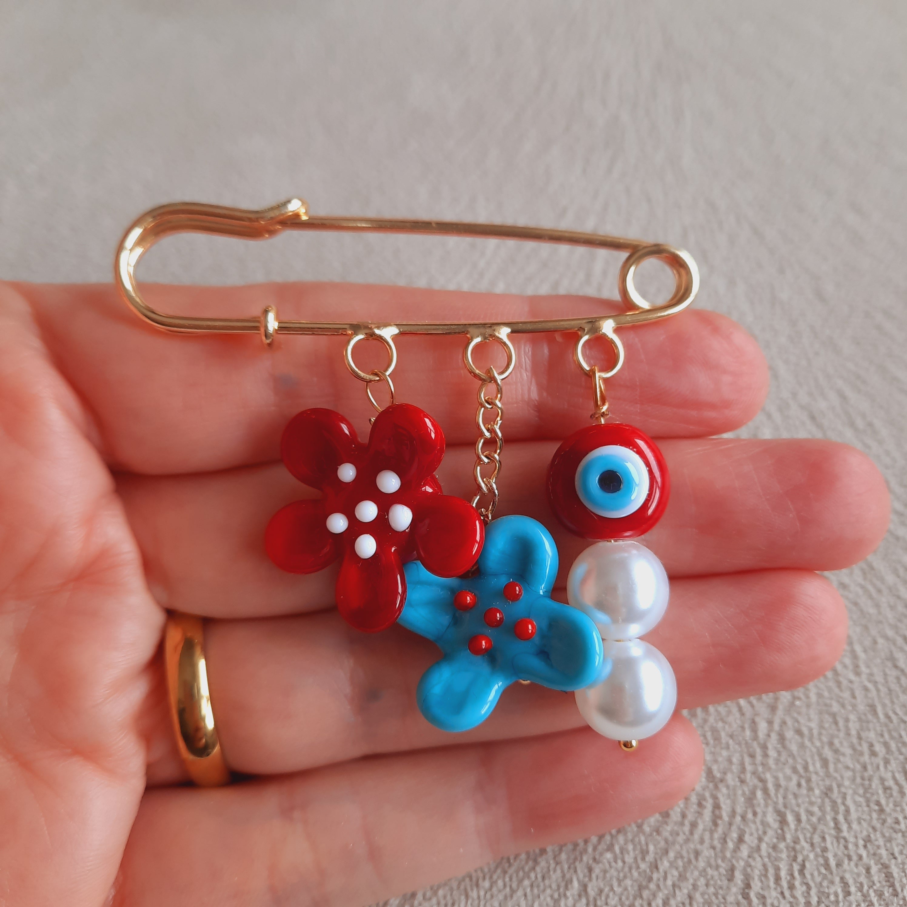 Çiçekli Nazarlı İncili Murano Broş İskoç İğnesi