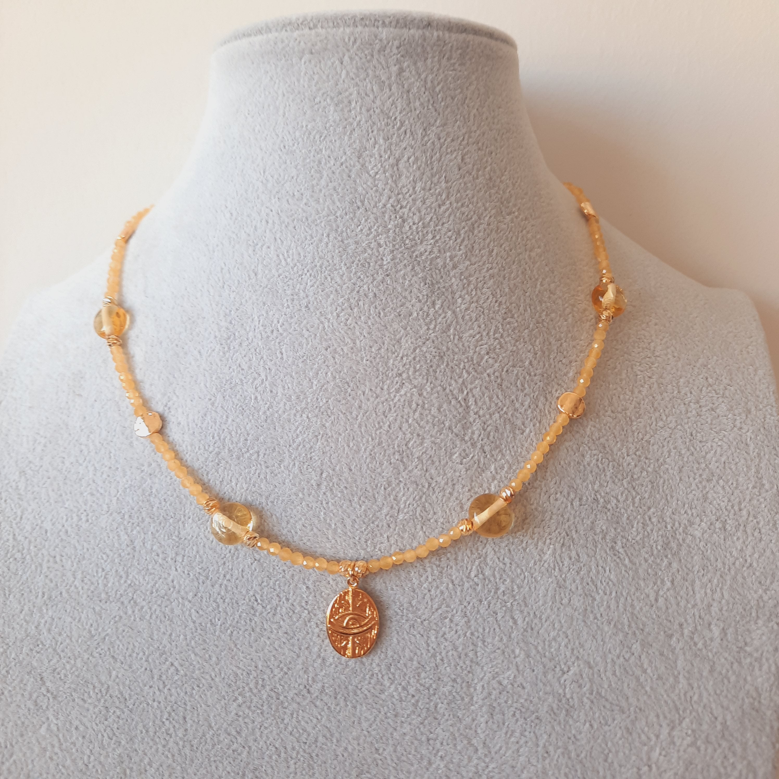 Nazar Madalyon Sitrin Doğal Taş Kolye