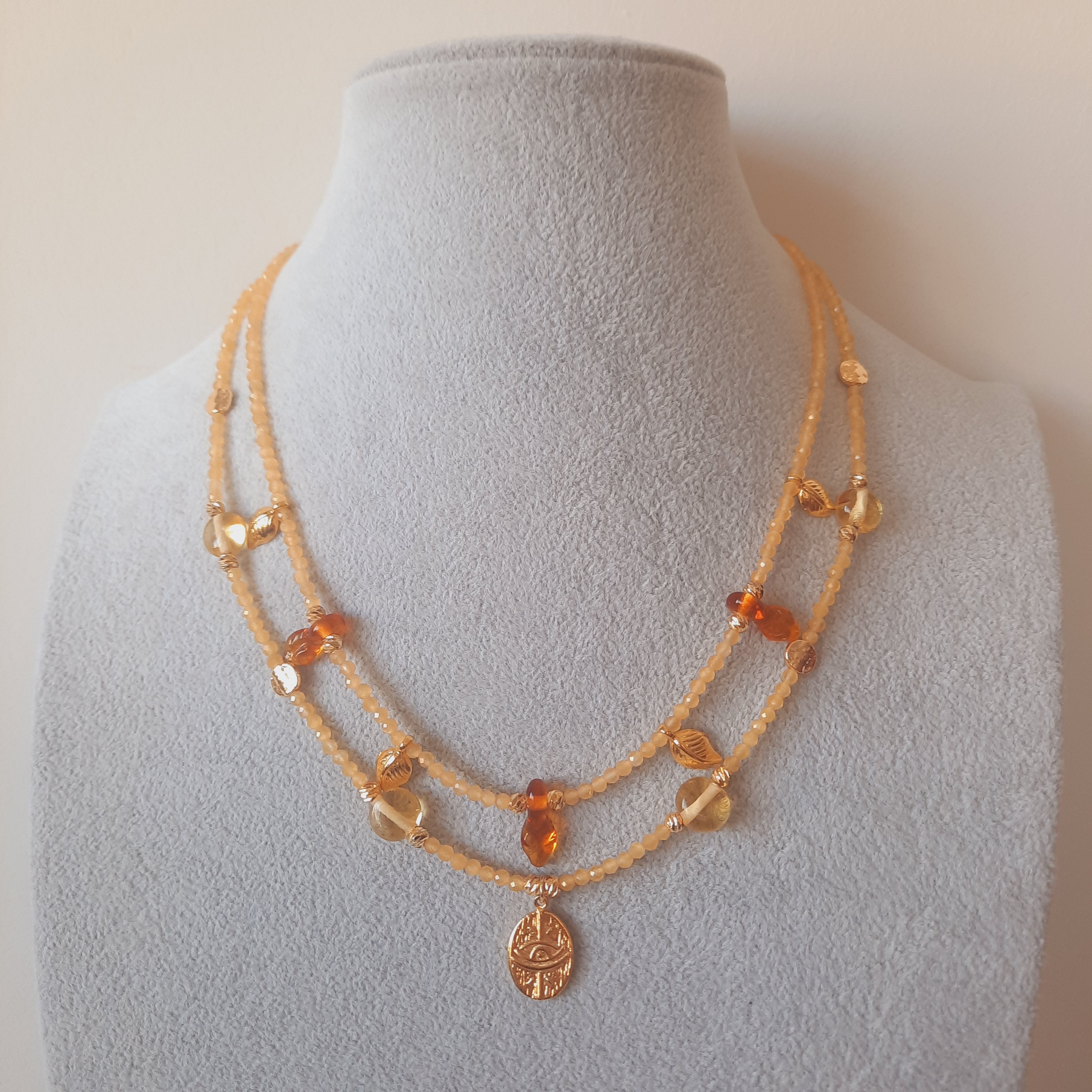 Sitrin Doğal Taş Murano Boncuklu İkili Kombin Kolye