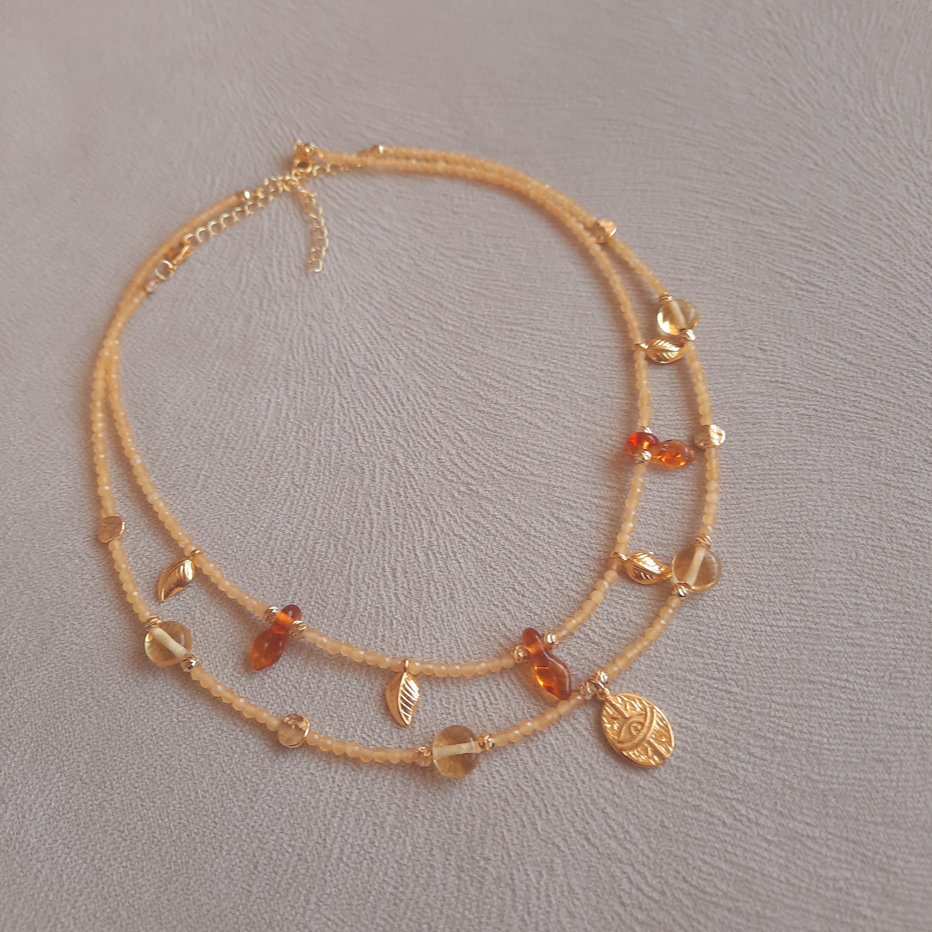 Sitrin Doğal Taş Murano Boncuklu İkili Kombin Kolye