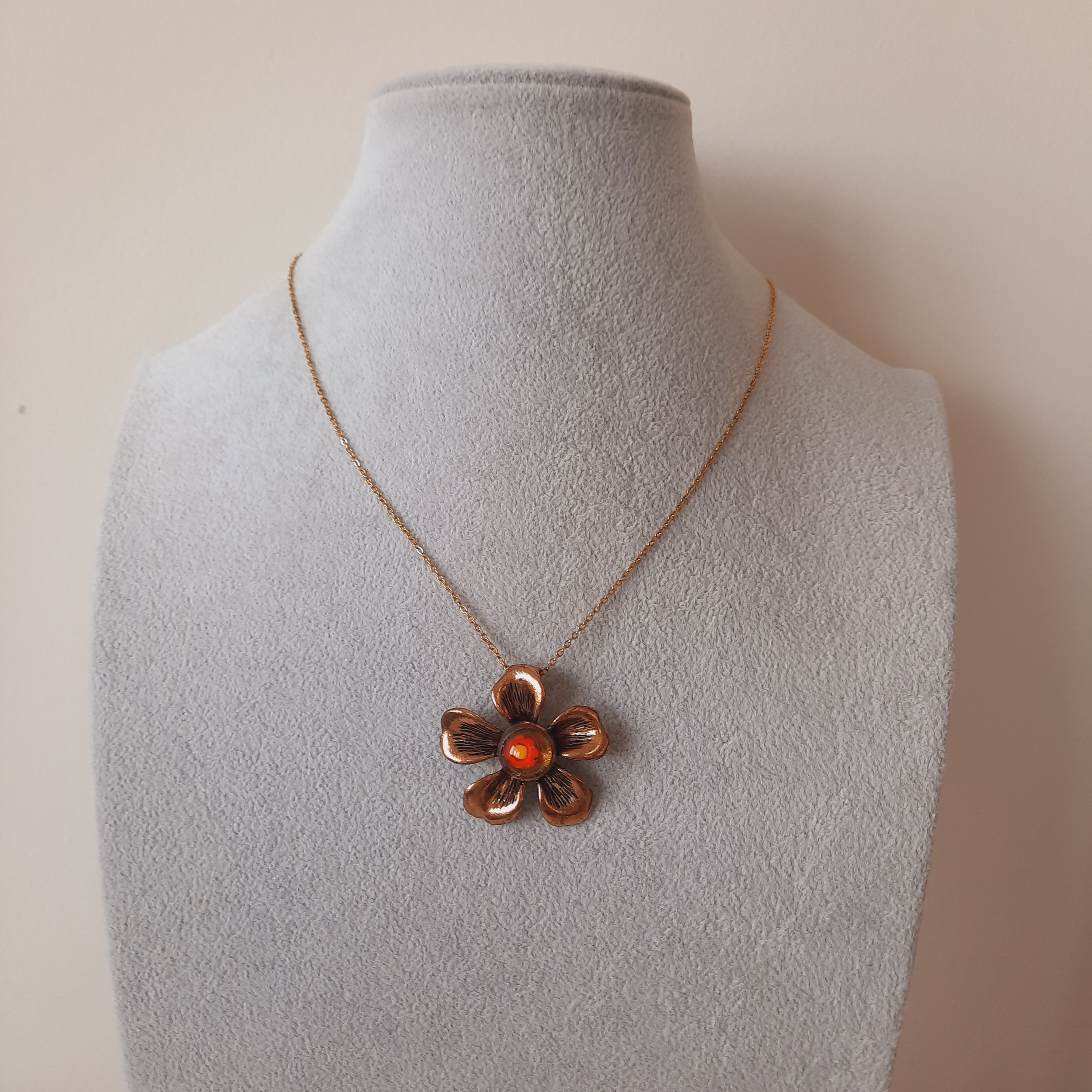 Bronz Çiçekli Murano Cam Madalyon Kolye