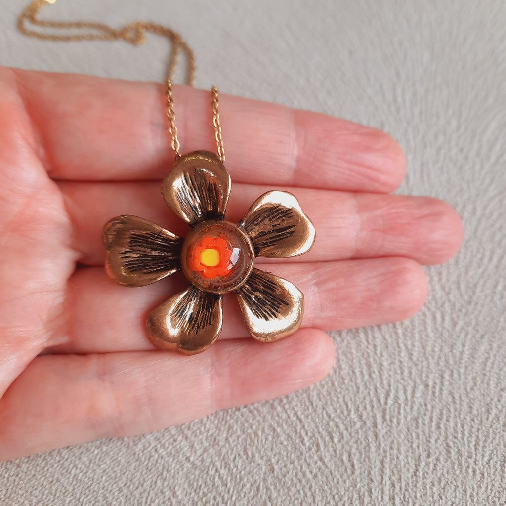 Bronz Çiçekli Murano Cam Madalyon Kolye