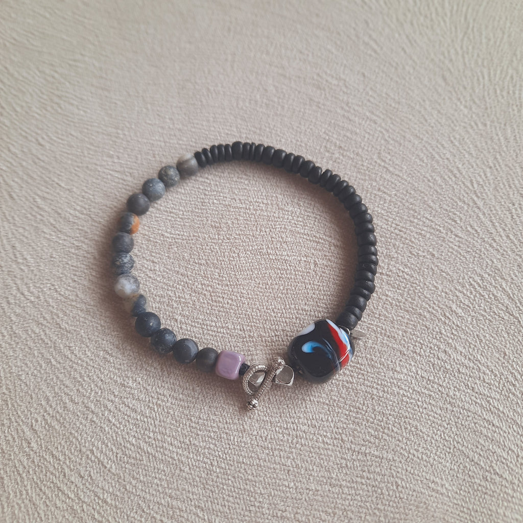 Disk - Mat Doğal Taş Murano Boncuklu Siyah Unisex Bileklik