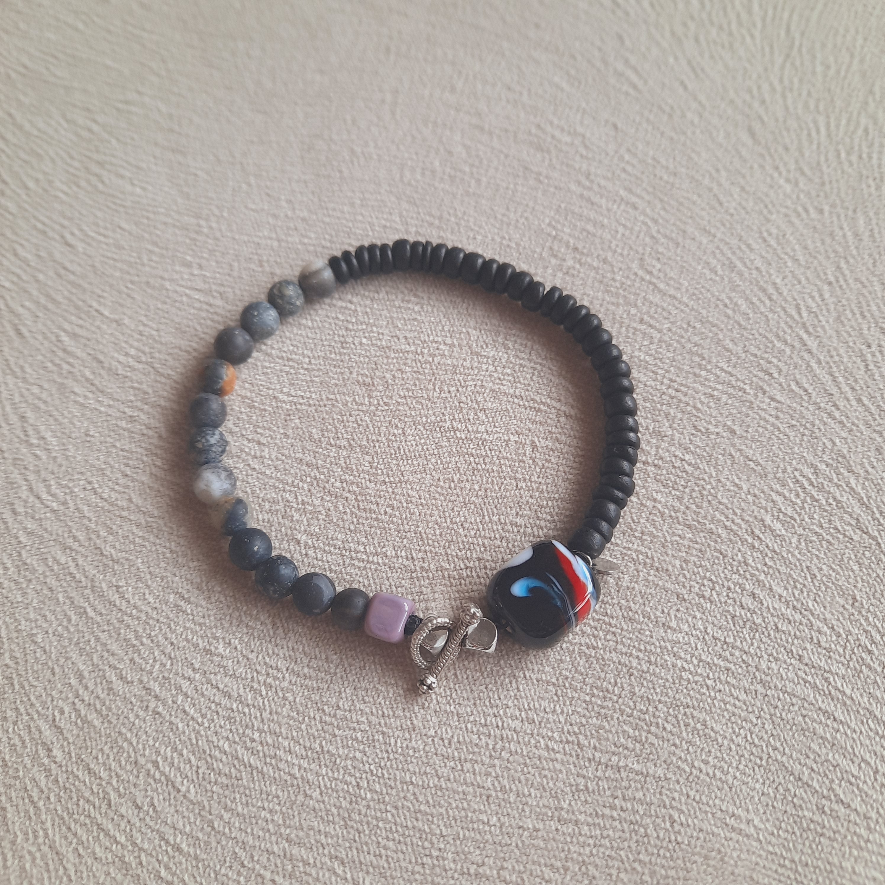 Disk - Mat Doğal Taş Murano Boncuklu Siyah Unisex Bileklik