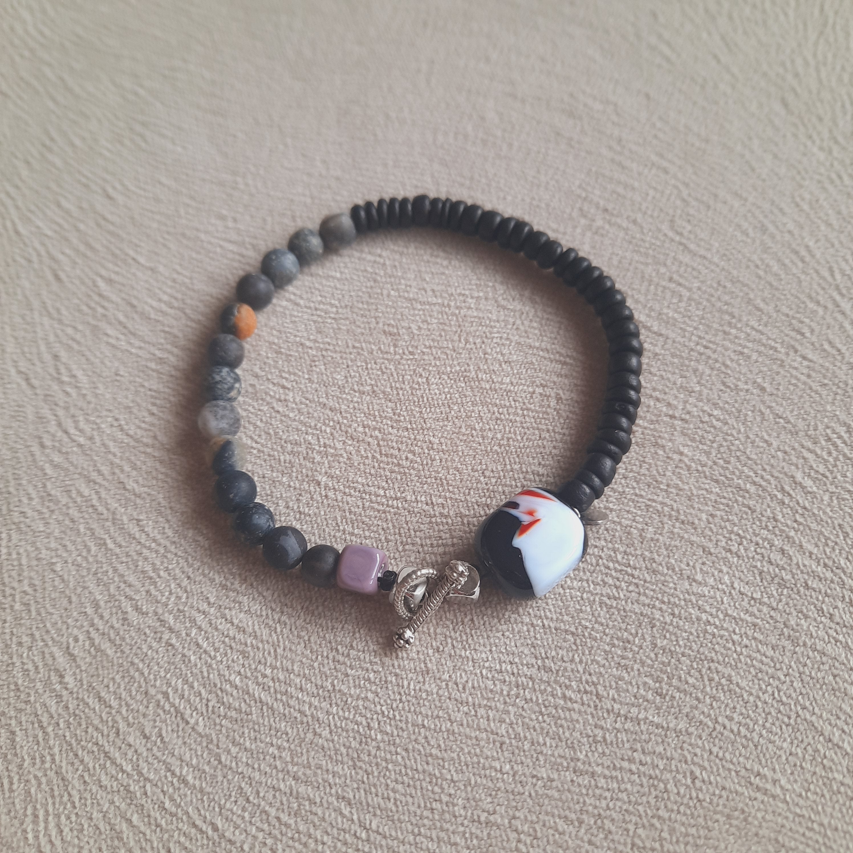 Disk - Mat Doğal Taş Murano Boncuklu Siyah Unisex Bileklik