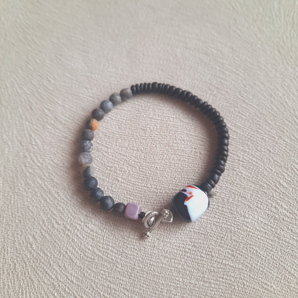 Disk - Mat Doğal Taş Murano Boncuklu Siyah Unisex Bileklik
