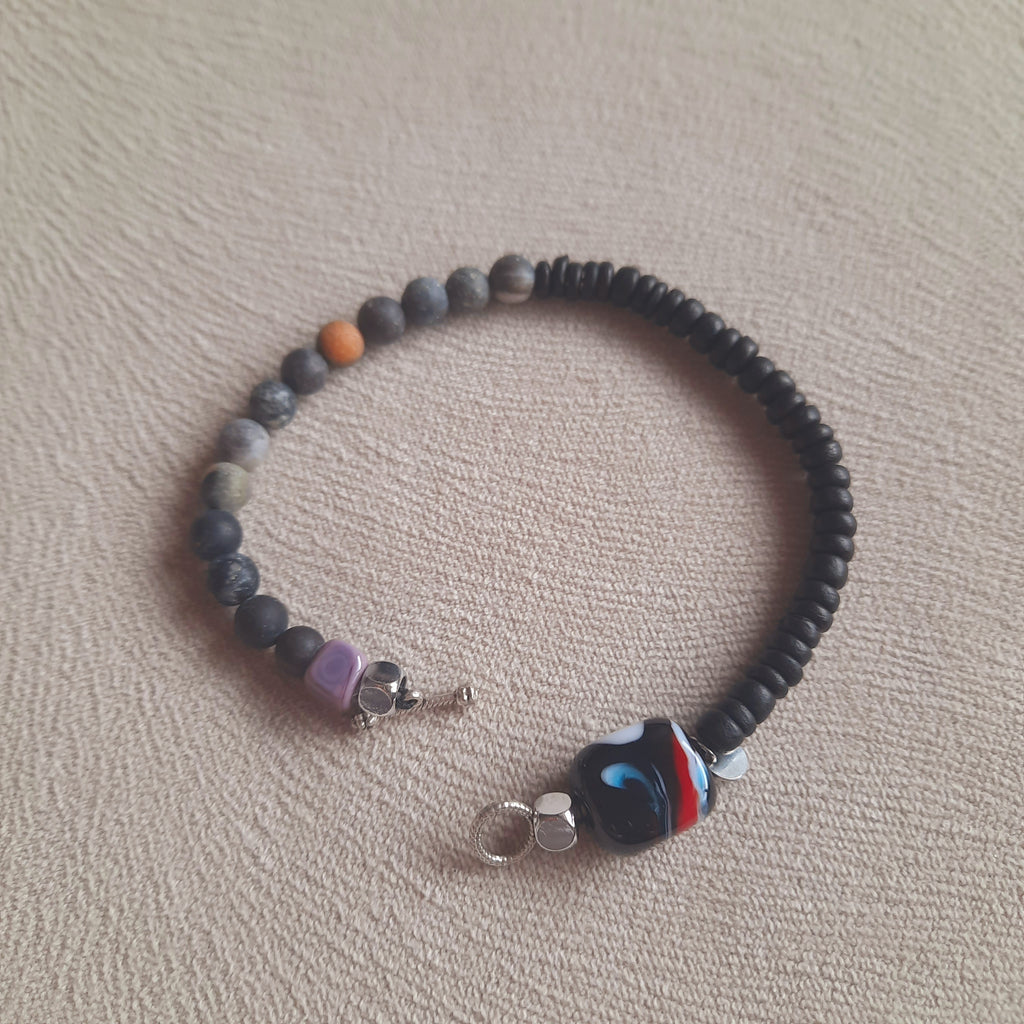 Disk - Mat Doğal Taş Murano Boncuklu Siyah Unisex Bileklik