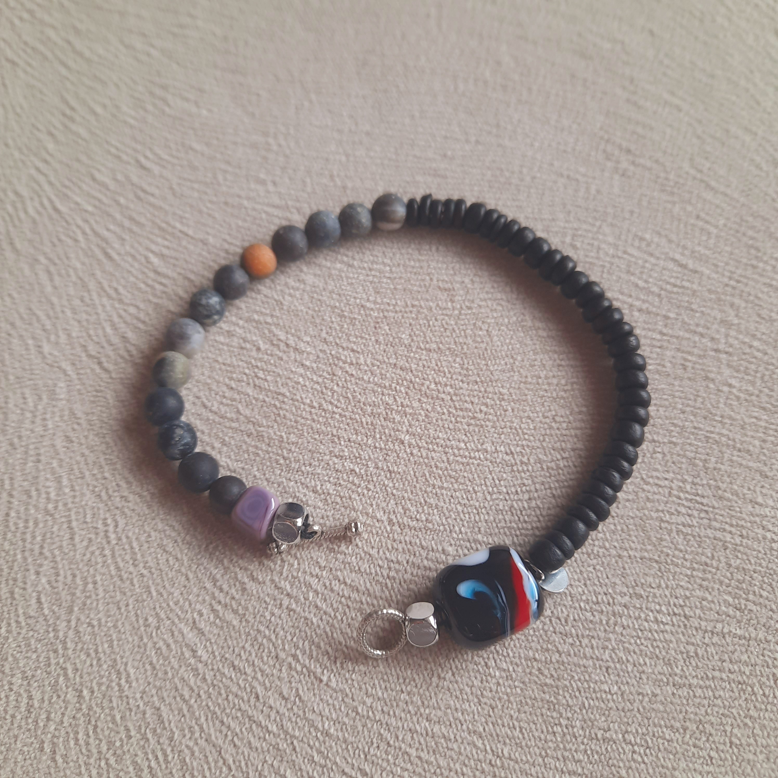 Disk - Mat Doğal Taş Murano Boncuklu Siyah Unisex Bileklik