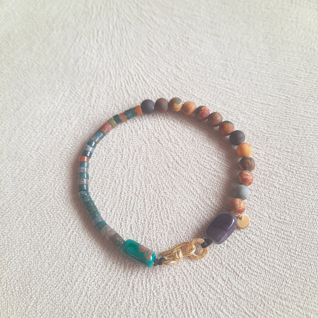 Rodanit - Mat Doğal Taş Murano Boncuklu Unisex Bileklik