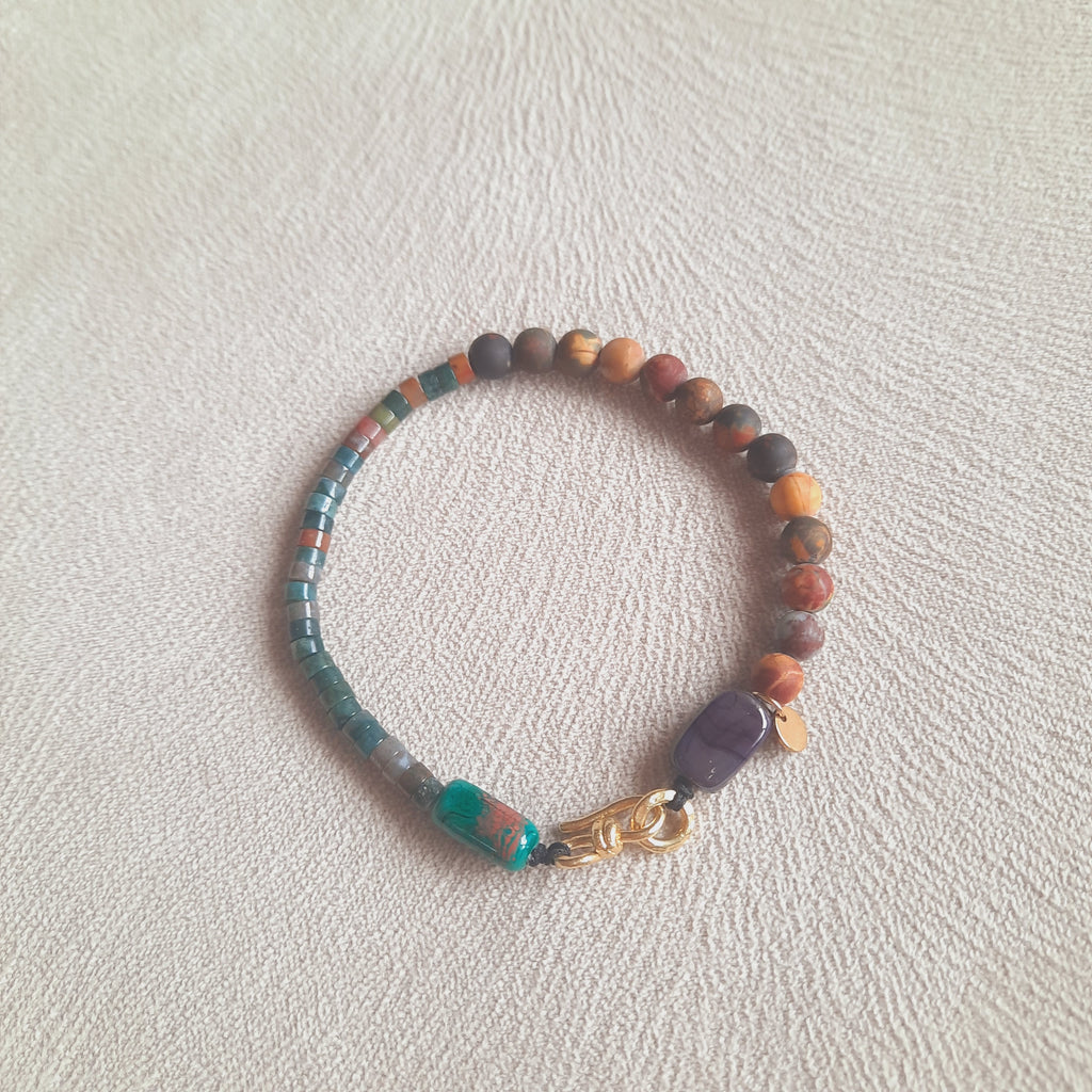 Rodanit - Mat Doğal Taş Murano Boncuklu Unisex Bileklik