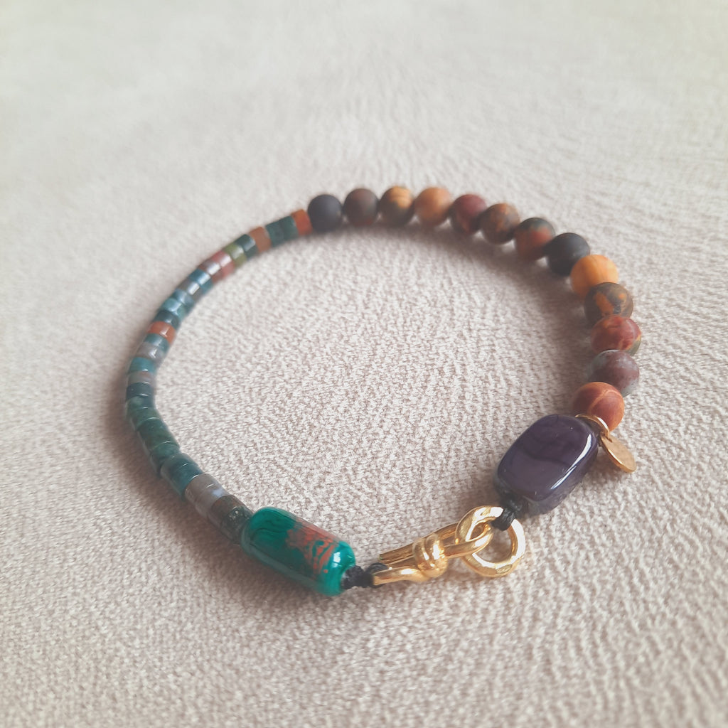 Rodanit - Mat Doğal Taş Murano Boncuklu Unisex Bileklik