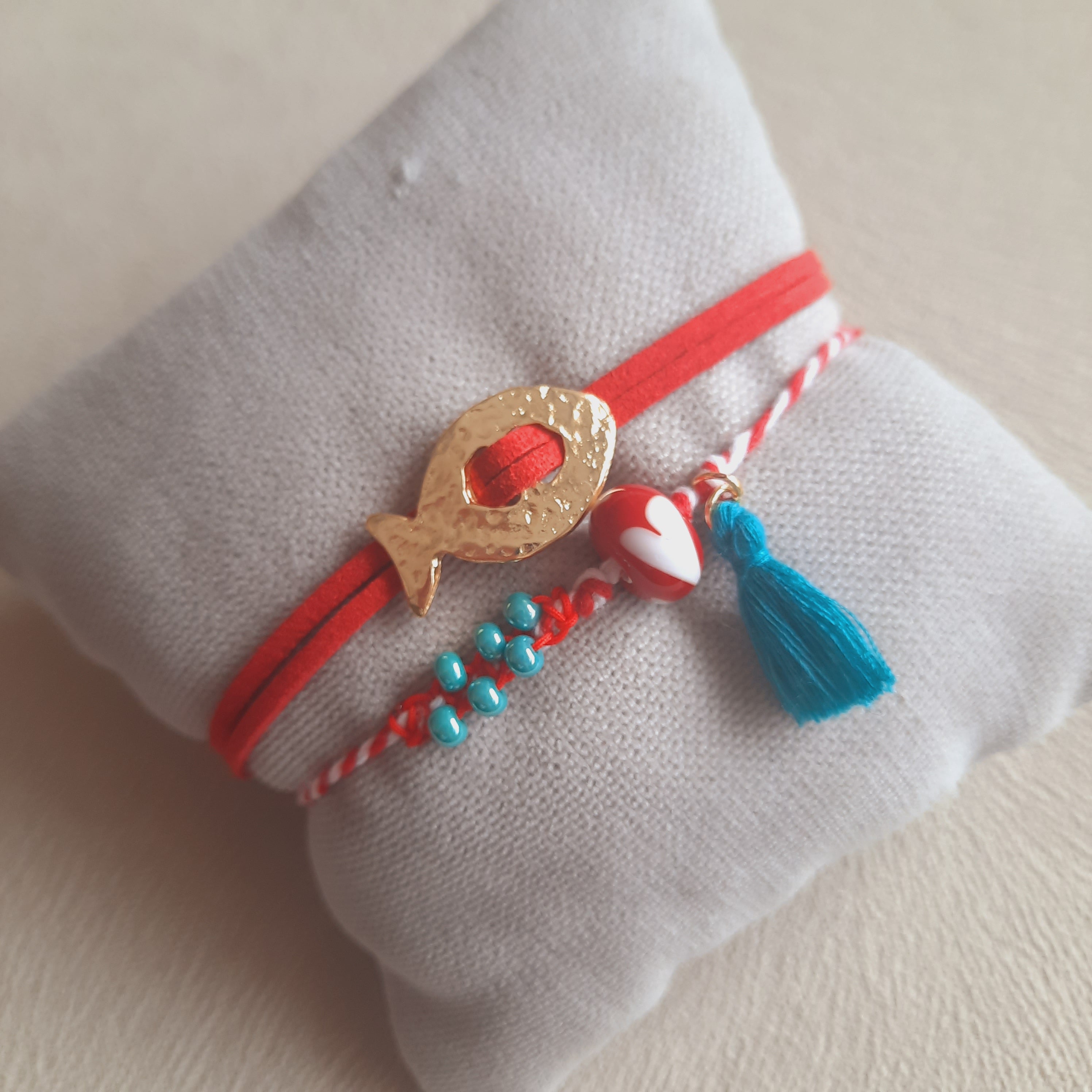 Turkuaz Kırmızı Balıklı Güderi Özel Tasarım İkili Kombin Marteniçka