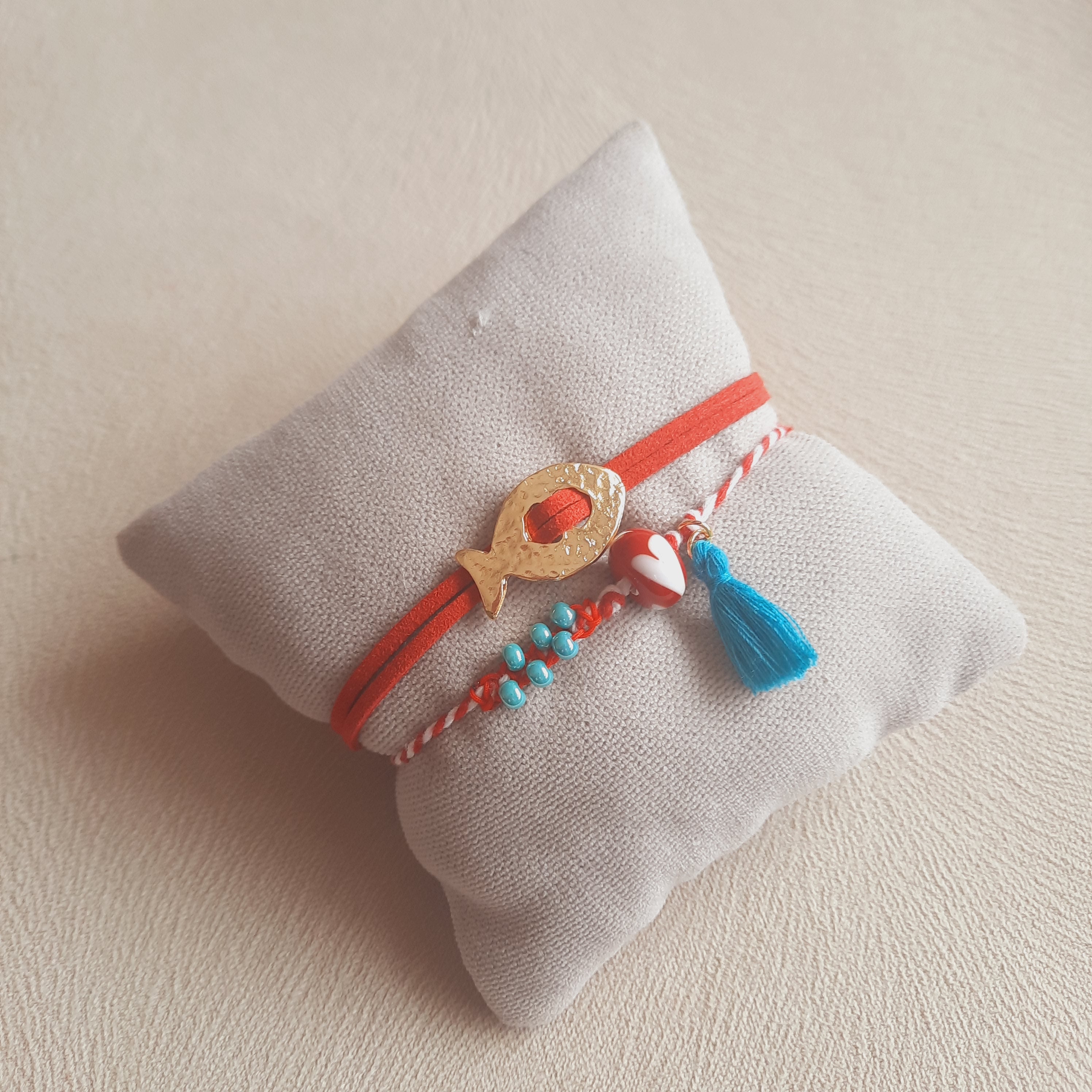 Turkuaz Kırmızı Balıklı Güderi Özel Tasarım İkili Kombin Marteniçka