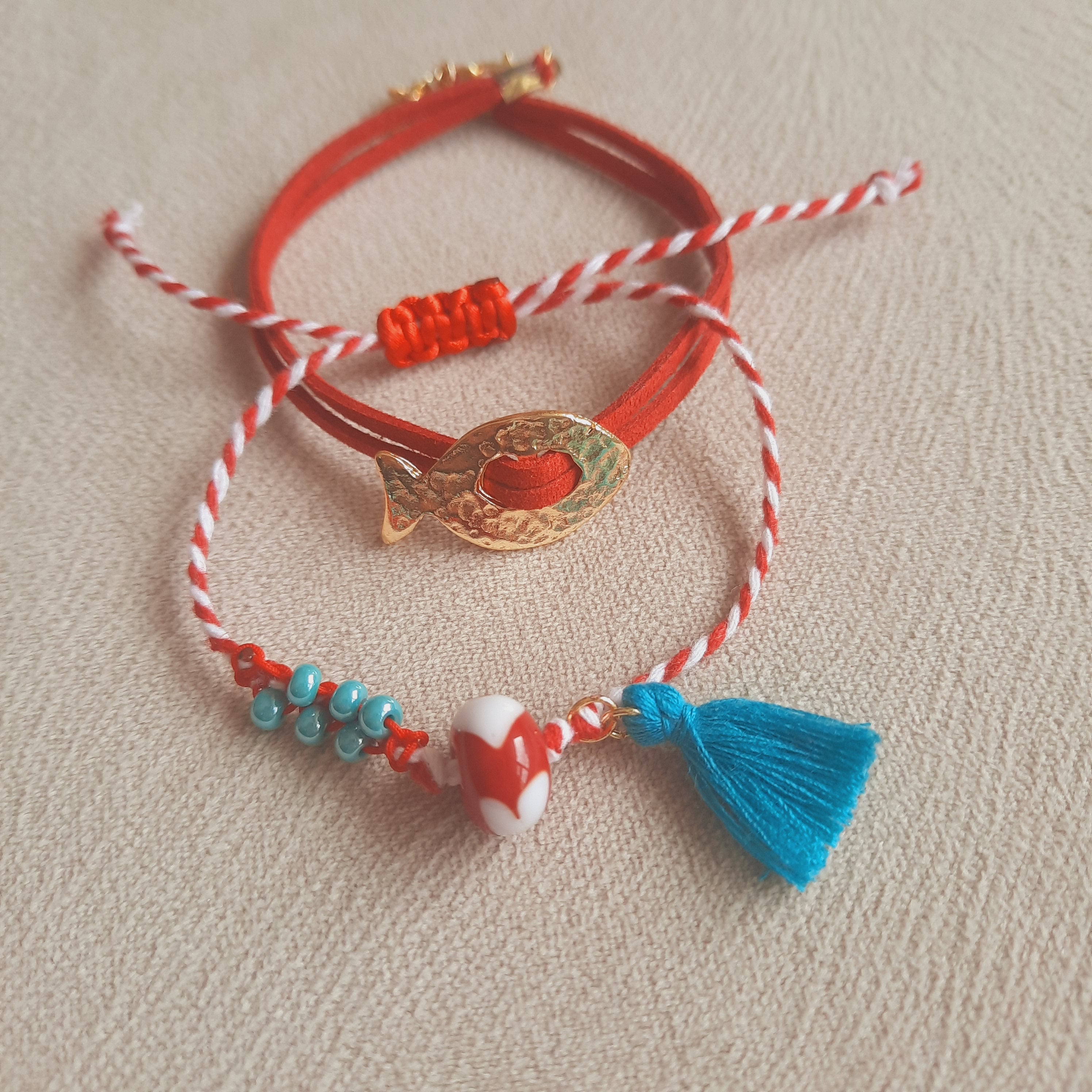 Turkuaz Kırmızı Balıklı Güderi Özel Tasarım İkili Kombin Marteniçka