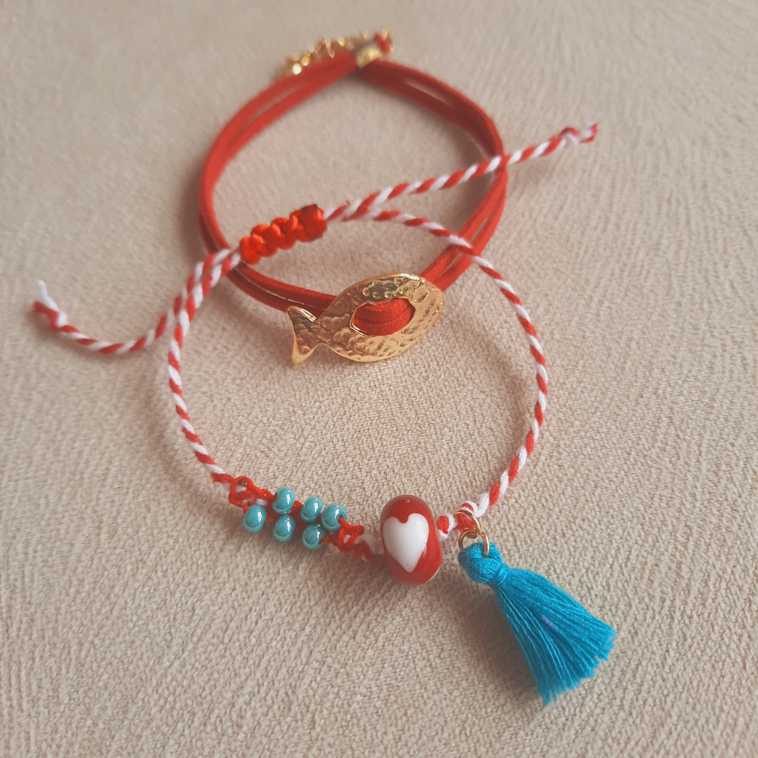 Turkuaz Kırmızı Balıklı Güderi Özel Tasarım İkili Kombin Marteniçka