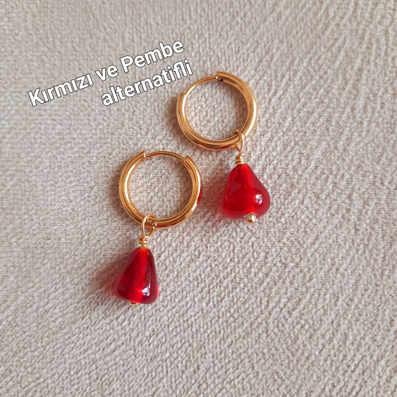 Paslanmaz Çelik Murano Cam Nar Halka Küpe