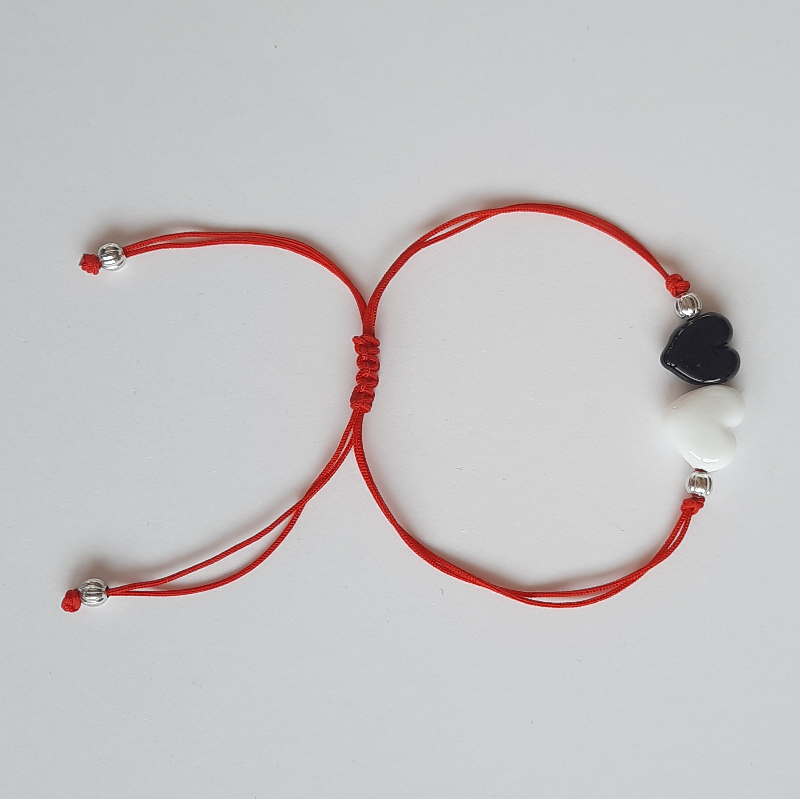 Siyah Beyaz Mini Kalpler Murano Cam Boncuk Dilek Bilekliği