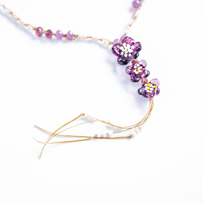 Mor Çiçeklerim Murano Cam Kolye