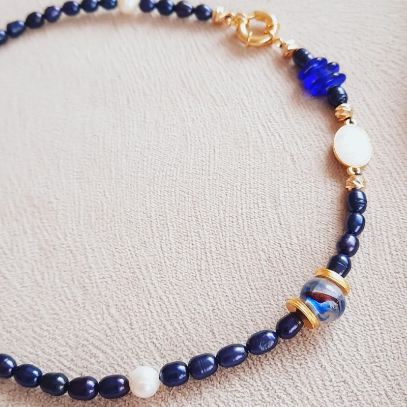 Siyah İnci Murano Cam Özel Tasarım Kolye