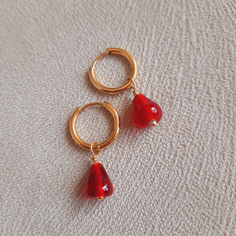 Paslanmaz Çelik Murano Cam Nar Halka Küpe