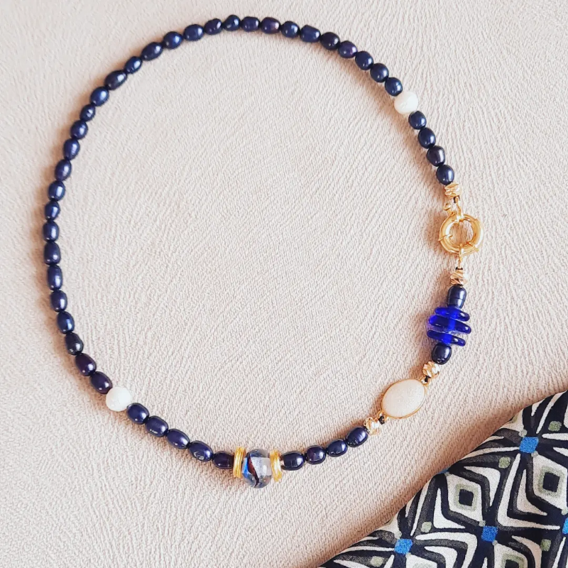 Siyah İnci Murano Cam Özel Tasarım Kolye