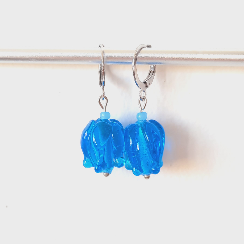 Mavi Lale Murano Cam Boncuk Küpe