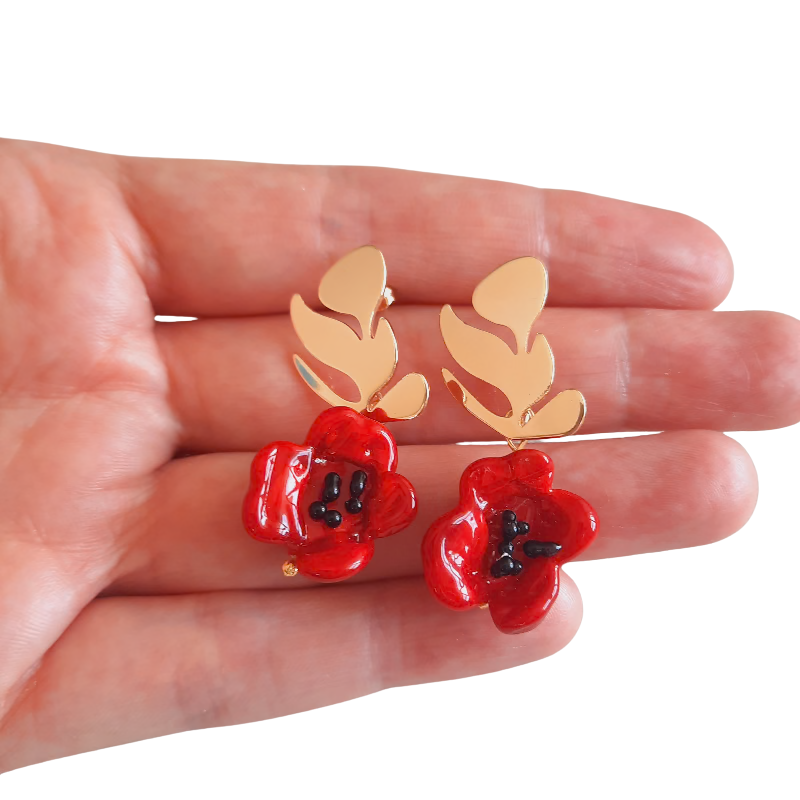 Paslanmaz Çelik Murano Gelincik Yaprak Küpe