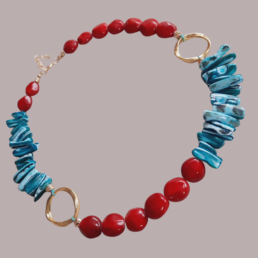 Şeker Boncuk Kırmızı Turkuaz Özel Tasarım Kolye