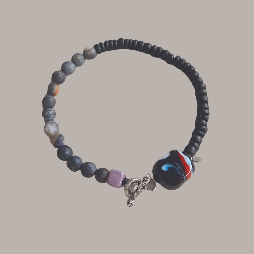 Disk - Mat Doğal Taş Murano Boncuklu Siyah Unisex Bileklik
