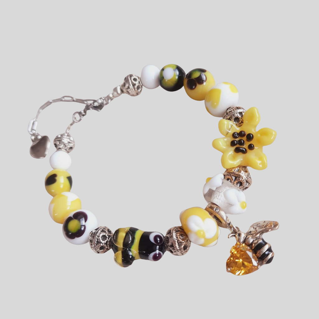 Arılı Ayçiçekli Cam Sanatı Murano Bileklik