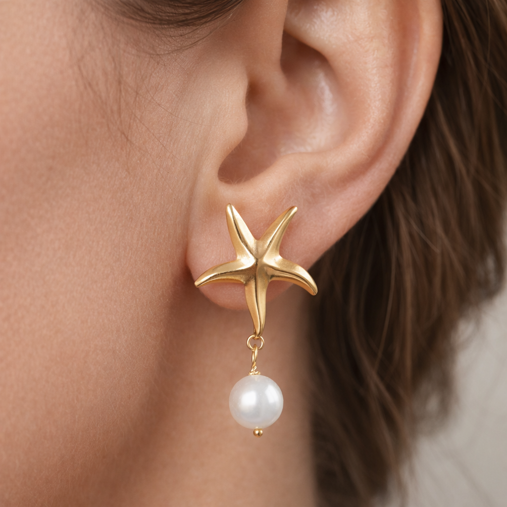 Altın Kaplama Deniz Yıldızı İnci Küpe