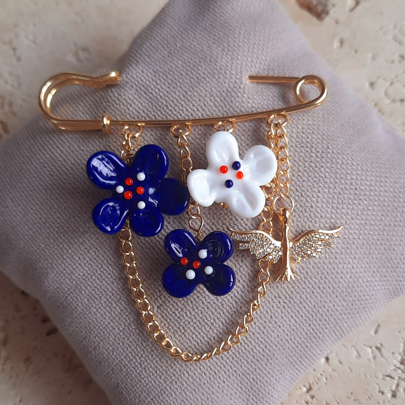 Anka Kuşu Çiçekli Murano Yaka İğnesi Broş