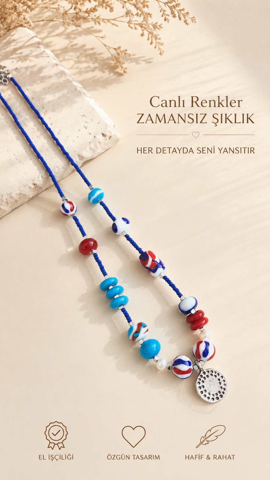 Lacivert Özel Tasarım Murano Boncuklu Süryani Madalyon Kolye