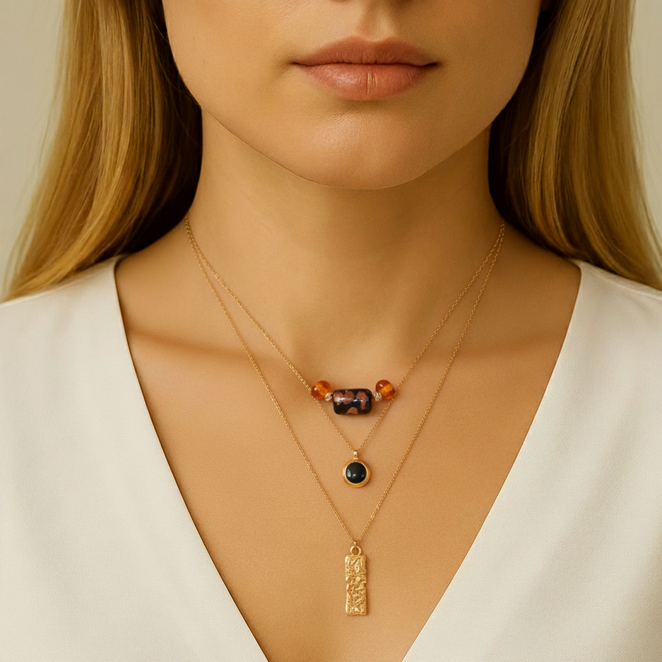 Üçlü Madalyon Simli Murano Cam Sanatı Kolye