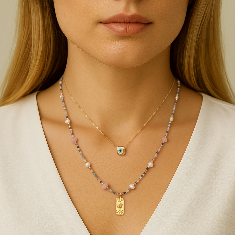 Minimal Akik İle Nazarlı Cam Sanatı Kombin Kolye