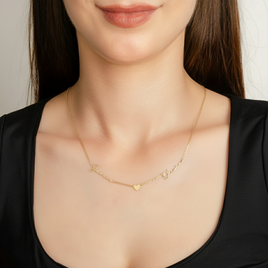 925 Ayar İki İsim Kalpli Gümüş Kolye (Altın veya Gümüş Renkte, Farklı Zincir Seçenekli)